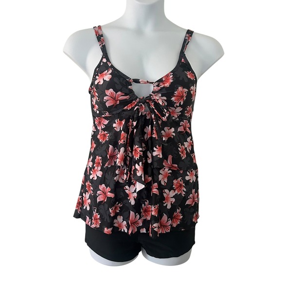 Unbranded Other - Women's Tankini Boy Shorts Black Floral Padded Two-Piece Swimsuit M Medium NWOT
